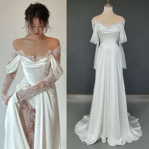 Customized Illusion Tulle Off Shoulder Lace Wedding Gowns A Line Long Sleeves Ruched Satin Bridal Dress