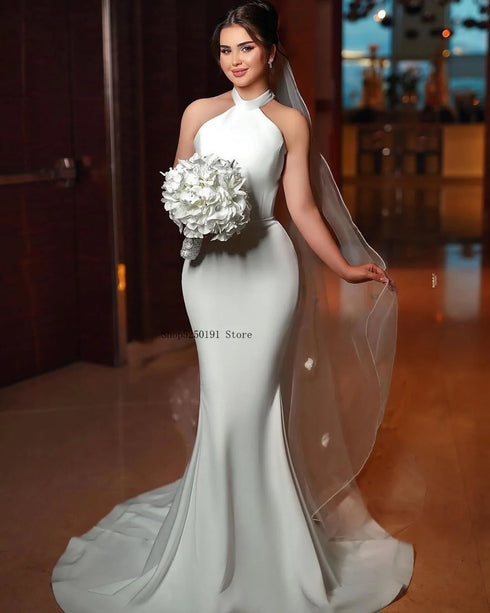 Elegant Halter Thick Satin Mermaid Wedding Dresses Sweep Train Custom Made