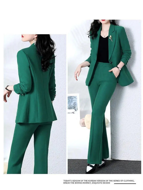 Elegant Women's Blazer Coat and Trousers Suit Set - Stylish Casual Outfit for Office and Autumn Wear with Flare Pants and Slim Fit Design