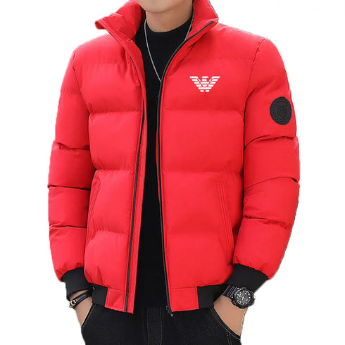 Versatile Winter Down Jacket for Men - Casual Solid Color Thick Warm Outerwear with Printed Design and Appliques