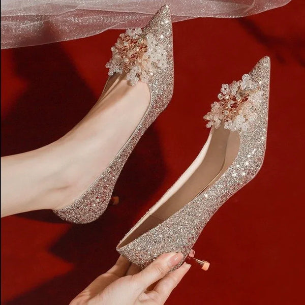Golden Wedding Bridal Shoes Stiletto Crystal High Heels