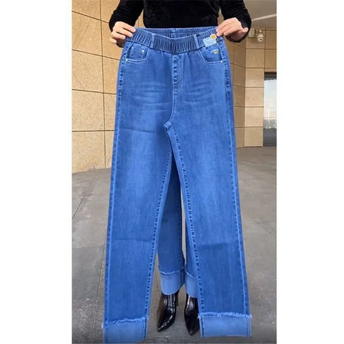 Elastic Waist Jeans For Women High Waist Wide Leg Denim Pants Loose Fit Casual Trousers