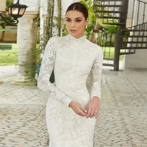 Lace Mermaid Wedding Dress With High Neck Long Sleeve Court Train Elegant Floral Applique
