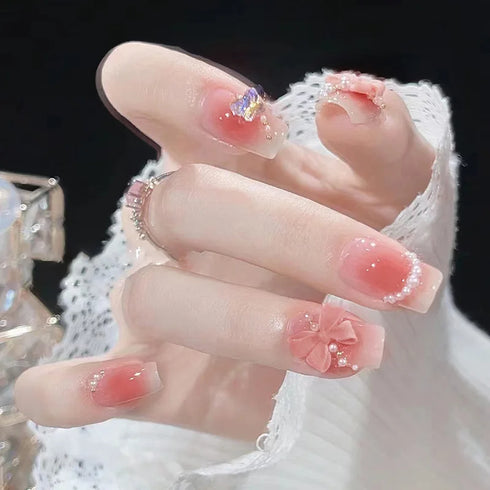 24Pcs Long Acrylic Ballet Fake Nails with Rhinestone Chain Design - Full Cover Press-On Nail Tips for Stylish Nail Art Enthusiasts