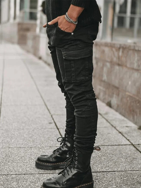 Men's Fashion Elastic Slim Fit Cargo Denim Pants Multi Pockets Casual Skinny Trousers