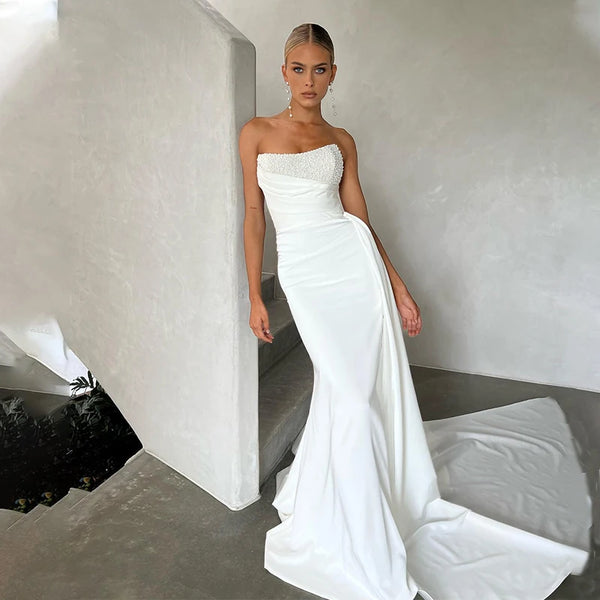 Beaded Strapless Mermaid Wedding Dress With Lace Up Back And Long Train Vintage Style