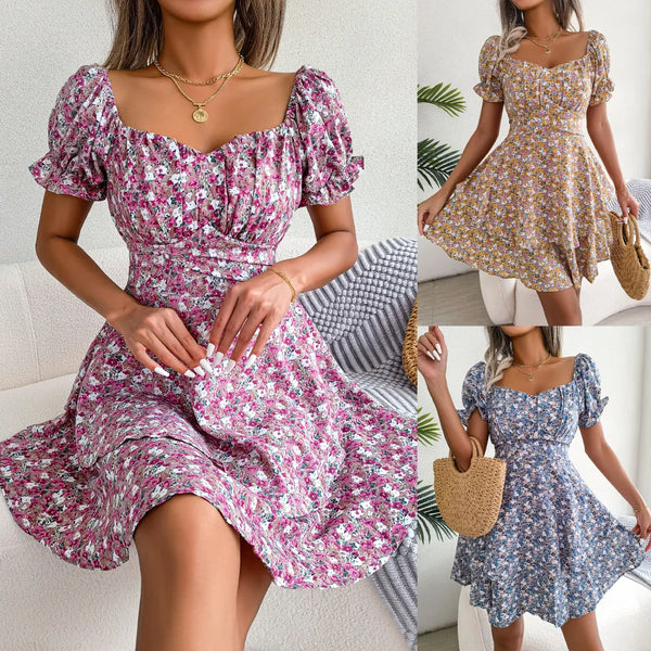 Floral Printed Short Sleeve Dress For Women V-neck Beach Dress