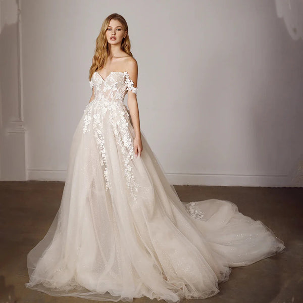Elegant Off The Shoulder Sweetheart Lace Applique A Line Wedding Dresses