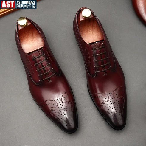 Handmade Mens Dress Shoes Luxury Genuine Leather British Trend Brogues Wedding Business Shoes