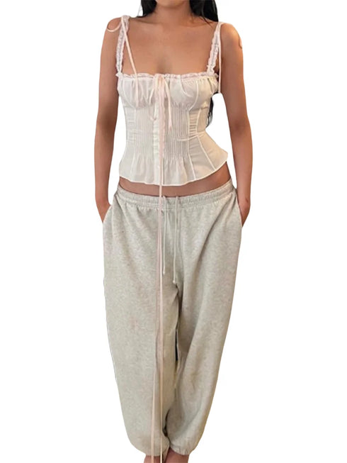Kawaii Y2K Crop Tops with Ribbons and Lace Trim - Vintage Women's Slim Fit Camisole and Button Up Tank Top for Cute Summer Outfits