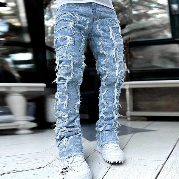 Mens Stacked Slim Fit Ripped Skinny Stretch Jeans Streetwear