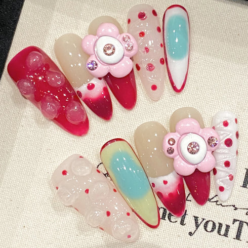 10pcs Artistic Press On Nails Featuring Elegant French Style with Hand Painted 3D Floral Designs - Perfect Summer Short Tips for Parties