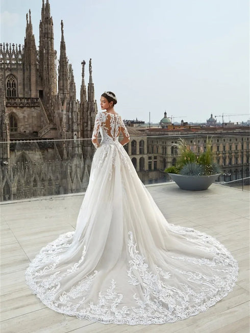 Luxury Mermaid Wedding Dress Sheer O-Neck Long Sleeves Detachable Train Lace Appliques Bridal Gown