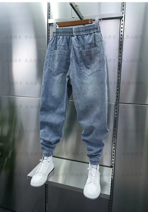 Men's Hip Hop Casual Denim Jogger Pants with Elastic Waist and Letter Print