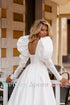 Customized Pure White Satin Long Puff Sleeves Wedding Dress A-Line Open Back Square Collar