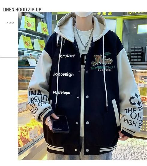Men's Casual Hooded Jacket M-6XL - Spring and Autumn Korean Fashion Loose Fit Coat with Baseball Jersey Style and Letter Pattern