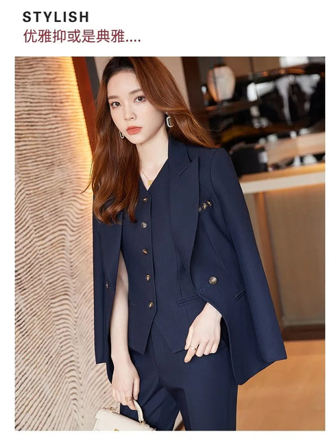 Chic Korean Fashion Women's 3-Piece Blazer Suit Set with Long Sleeve Vintage Jacket and Vest + Slim Straight Pencil Pants for Elegant Business Outfits