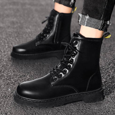Men's Classic Leather Biker Boots - Trendy Waterproof Ankle Footwear for Autumn & Winter