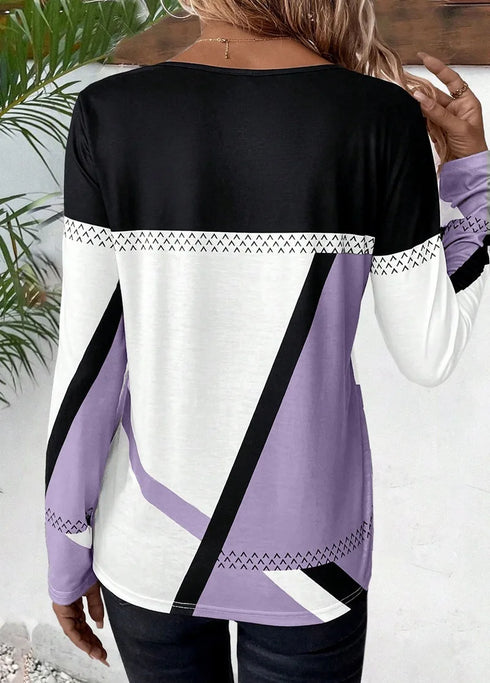 Casual Women's Geometric Print Long Sleeve T-Shirt Loose Fit O-Neck Tee