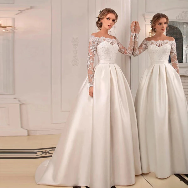 Custom Satin A Line Wedding Dress With Lace Appliques And Illusion Sweep Train O Neck Full Sleeves