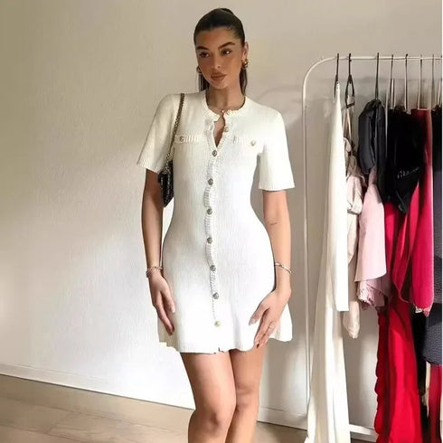 Elegant Knitted Mini Dress for Women Slim Fit Ribbed Knit with Metal Buttons Short Sleeve Holiday Party Dress
