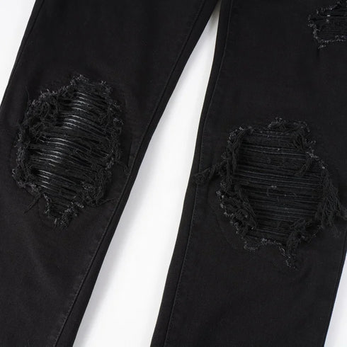 Men's Ripped Patchwork Biker Jeans - Stylish Motorcycle Streetwear Denim Trousers