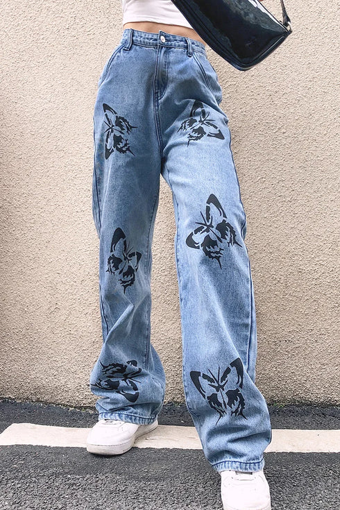 Fall Trousers High Waist Butterfly Print Y2K Jeans Casual Fashion Loose Denim Pants