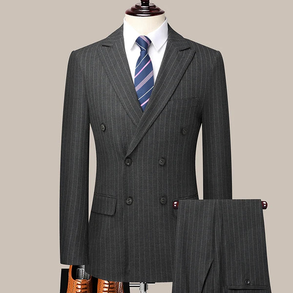 Men's Double-Breasted Striped Suit And Trousers Two-Piece Set Fashionable Business Casual Look M-6XL