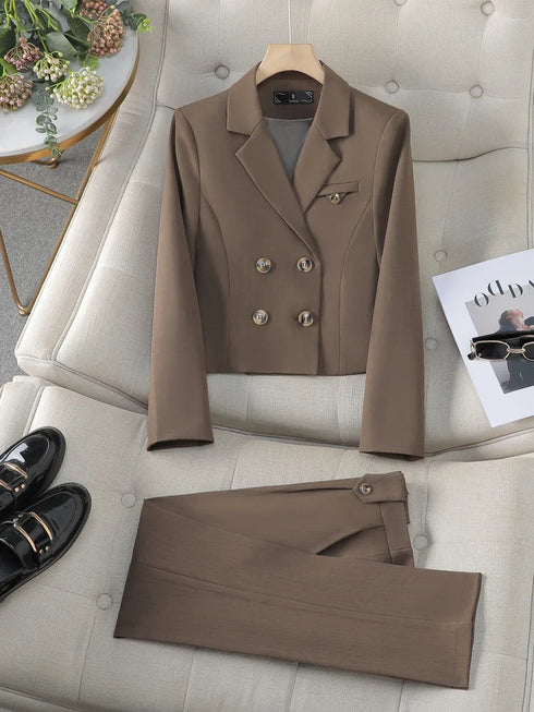 Chic Women's Office Suit Set: Long Sleeve Double Breasted Short Tops with Slim High Waisted Pencil Pants for Spring Fashion