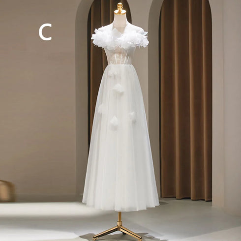 Backless A-Line Bridesmaid Dress With Puff Flower Appliques And Tulle Ankle-Length