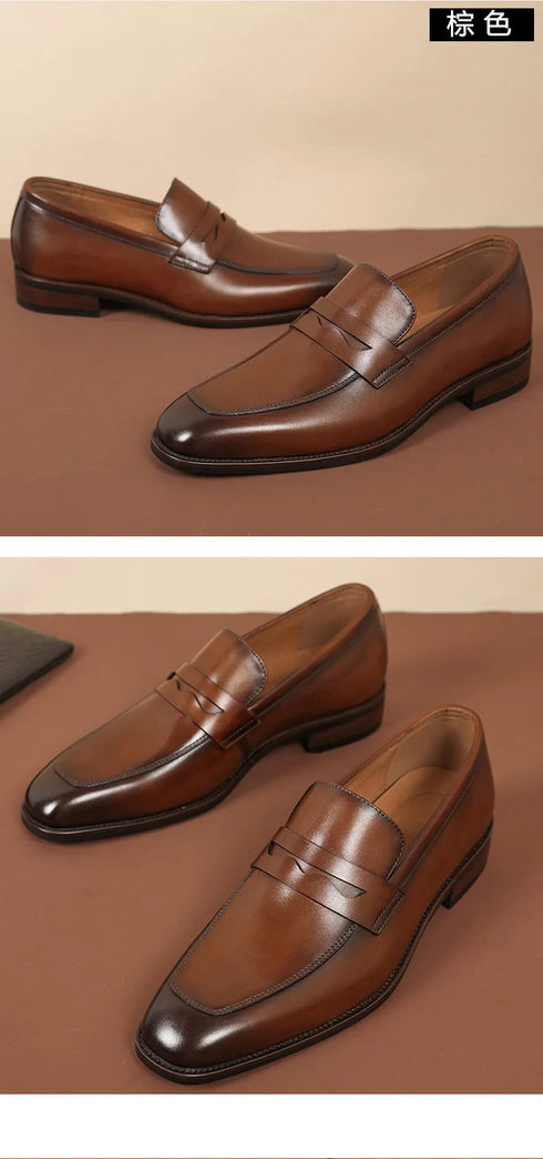 Elegant Genuine Leather Slip-On Oxford Loafers for Men - Formal and Casual Dress Shoes for Office & Career with Pointed Toe Design