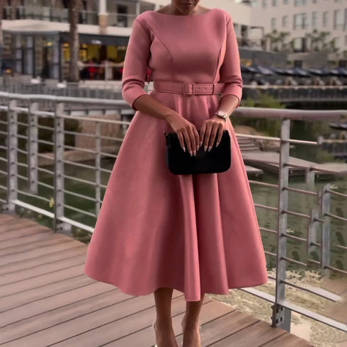 Elegant Women Party Dresses A Line with Waist Belt for Classy Office and Wedding Guests