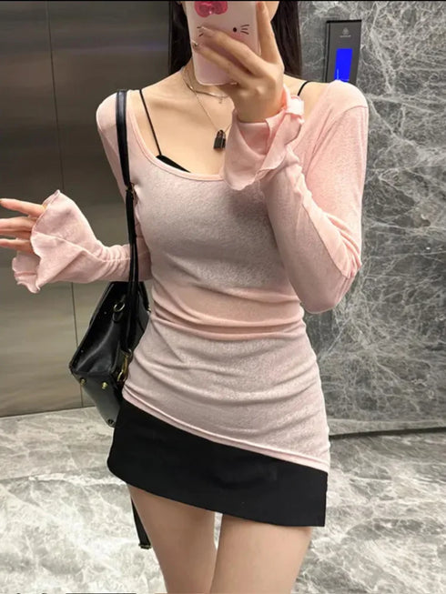 Mesh Sheer Irregular T Shirt For Women New Long Sleeve See-Through Korean Pullover Tops Sexy Autumn Girls Top Tee Shirt Casual