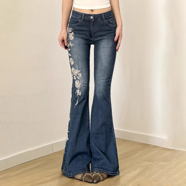 Denim Jeans Baggy Floral Embroidery Flare Silhouette For Everyday Boho Chic Jeans