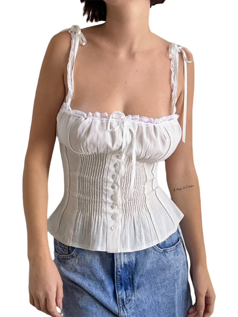 Kawaii Y2K Crop Tops with Ribbons and Lace Trim - Vintage Women's Slim Fit Camisole and Button Up Tank Top for Cute Summer Outfits