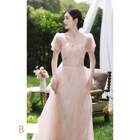 Off Shoulder Bridesmaid Dress Elegant Bubble Sleeve Floral Print Aline Gown For Party