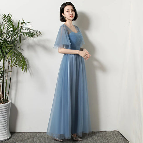Bridesmaid Dress Elegant Ankle Length Tulle Ball Gown With Pleat Sash Built In Bra Prom Bridal Gown