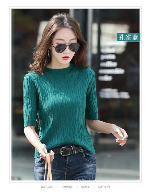 Half Turtleneck Ice Silk T-shirt Women's Sweater Mid-sleeved Temperament Versatile Top Fashionable Inner Wear Summer New Style