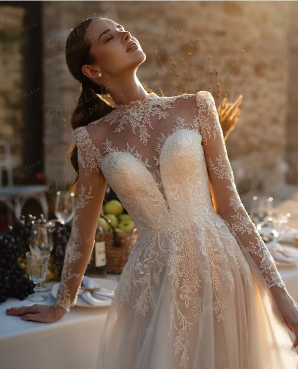 Graceful A Line Wedding Dress Elegant Appliques High Neck Illusion Long Sleeve Bridal Gown
