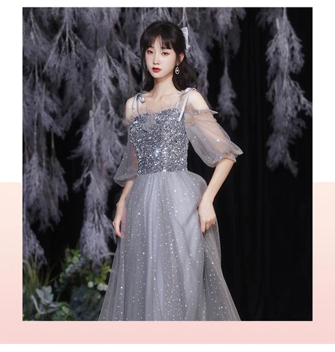 Off Shoulder Lace Illusion A Line Dress Floor Length Glitter Tulle Bow Bridesmaid Dress