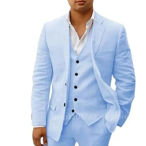 Linen Notch Lapel Slim Fit Men Suits 3 Piece Blazer Pants Set for Wedding and Prom