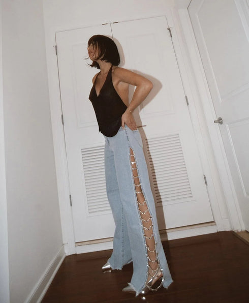 High Waist Ripped Jeans for Women Denim Wide-Leg Style