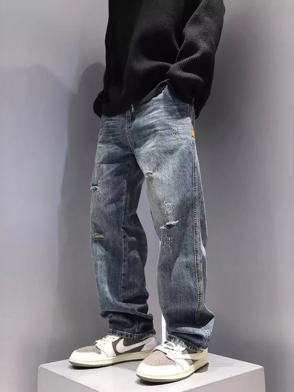 Ripped Jeans Baggy Straight Fit Denim Pants Mens Jeans Streetwear Hip Hop