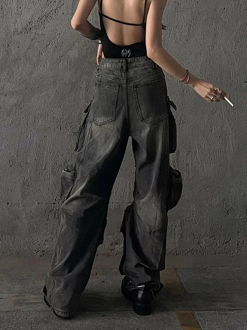 Baggy Y2K Goth Cyber Punk Denim Cargo Pants for Women - Grunge Wide Leg Jeans for Dark Academia and Harajuku Fashion with Pockets and Slight Stretch for Stylish Fall Outfits