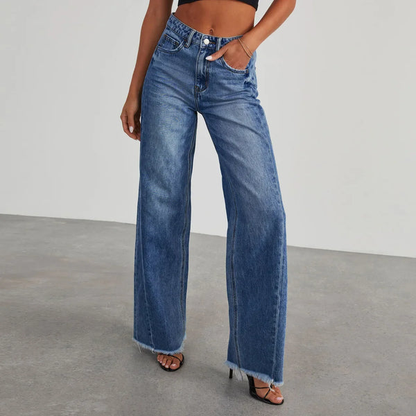 High-Waisted Straight-Leg Furred Jeans for Women Y2K Fashion