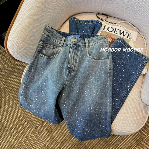 High Waist Jeans for Women Wide-Leg Straight Pants with Rhinestones