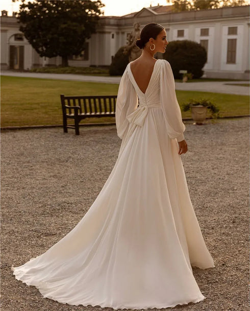 Boho Chiffon Long Sleeves A Line Wedding Dresses Custom Made
