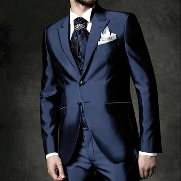 Custom Made Navy Blue Peak Lapel Tuxedo for Men - Stylish Wedding & Prom Suits with Jacket, Pants, and Vest for Grooms and Best Men