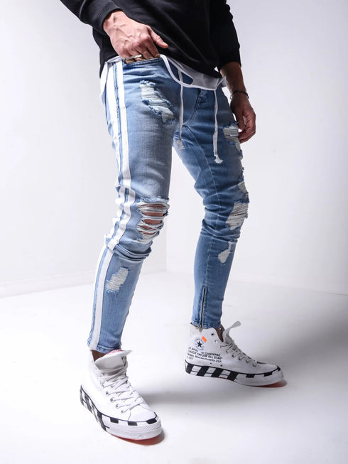 Men's Skinny Denim Biker Jeans with Ripped Pencil Design and Side Stripes - Trendy Hip-Hop Slim Trousers for Stylish Outfits