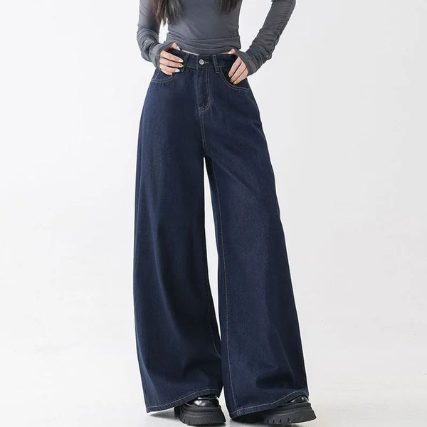 High Waist Jeans For Women - Loose Fit Straight Leg Floor Length Denim Jeans For Everyday Casual Style